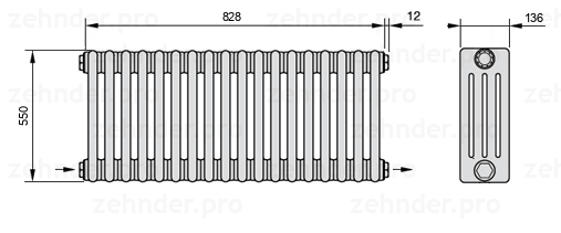 Схема (чертеж) Радиатор Zehnder Charleston 4055/18 №2670 Белый глянцевый RAL 9016
